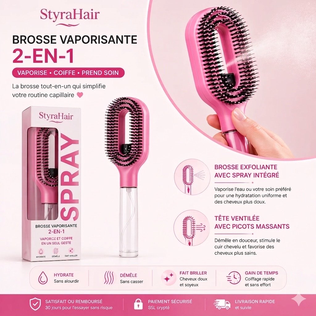 Infographie StyraHair présentant la brosse vaporisante 2-en-1 Styra Magic, ses bénéfices et garanties